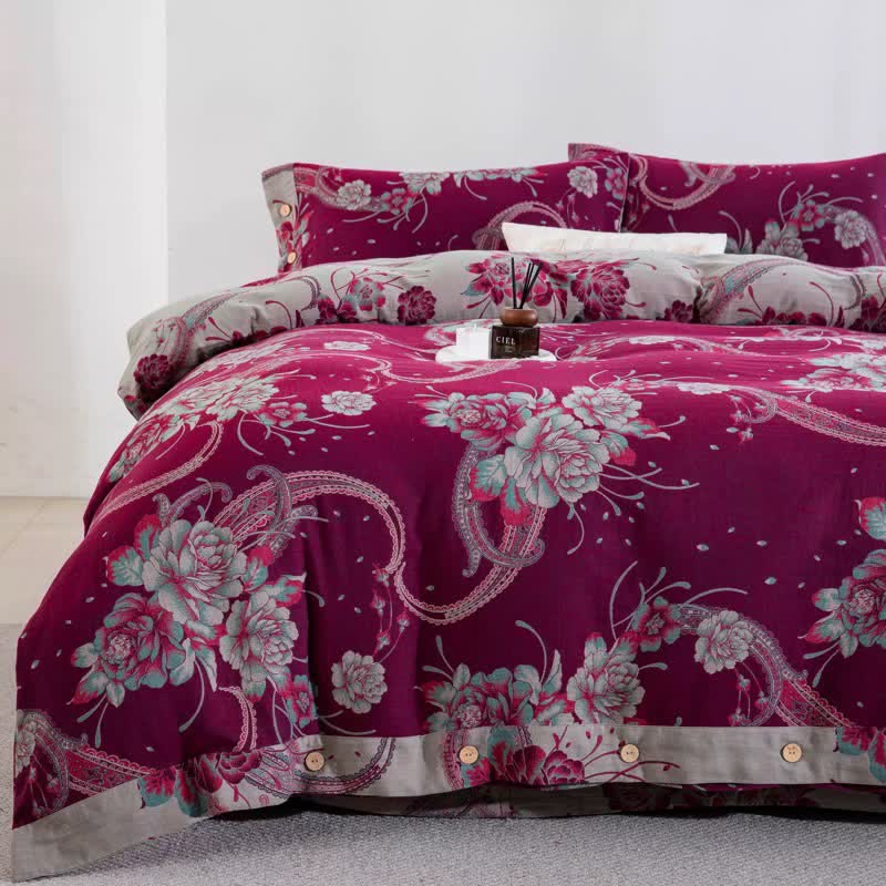 Parure de lit luxueuse en gaze de coton à motif pivoine (4 pièces) - image 1