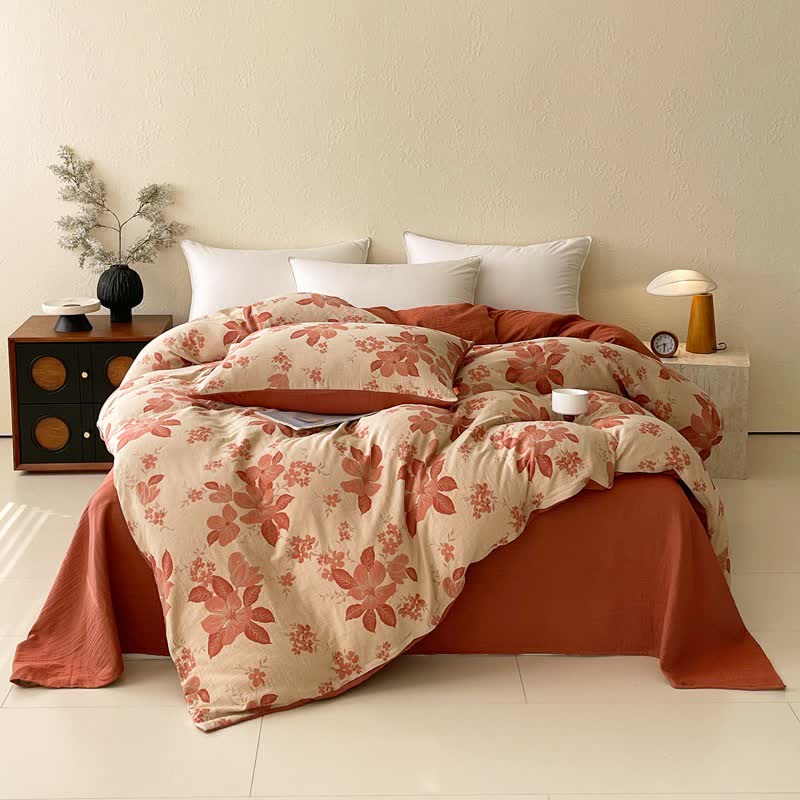 Ensemble de literie en double gaze de coton à motif floral et de feuilles (4 pièces) - Rose - 220 cm x 240 cm - image 0