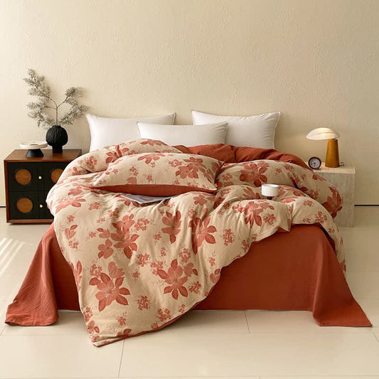 Ensemble de literie en double gaze de coton à motif floral et de feuilles (4 pièces) - Rose - 220 cm x 240 cm - image 0