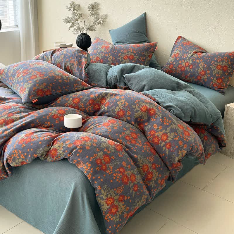 Ensemble de literie rétro en gaze de coton à motif floral (4 pièces) - 220 cm x 240 cm - image 0