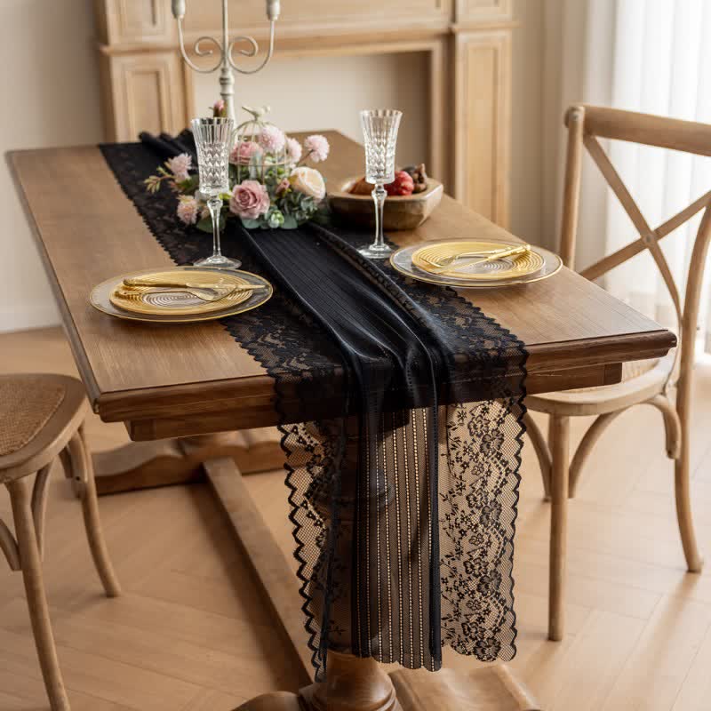 Chemin de table en dentelle jacquard florale - Noir - 45 cm x 300 cm - image 3