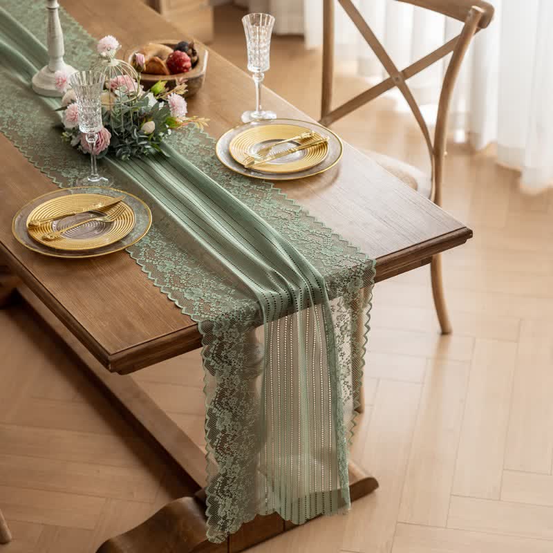 Chemin de table en dentelle jacquard florale - Vert - 45 cm x 300 cm - image 8