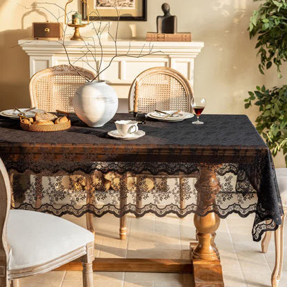 Nappe à motif jacquard floral et bordure en coquillage - Noir - 140 cm x 300 cm - image 9