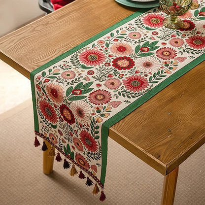 Chemin de table en jacquard rose à motif floral avec pompons - 35 cm x 300 cm - image 0