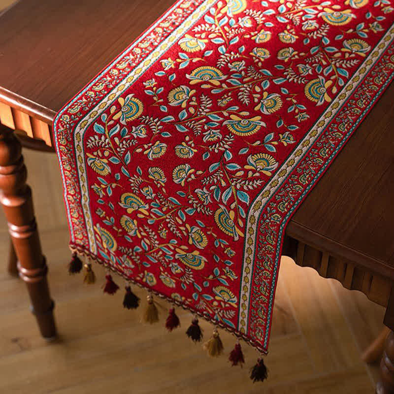 Chemin de table à motif jacquard de branches vintage et à pompons - Rouge - 35 cm x 300 cm - image 0