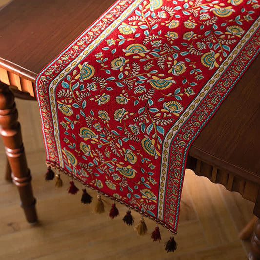 Chemin de table à motif jacquard de branches vintage et à pompons - Rouge - 35 cm x 300 cm - image 0