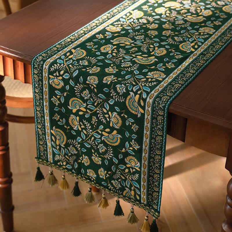 Chemin de table à motif jacquard de branches vintage et à pompons - Vert - 35 cm x 300 cm - image 5
