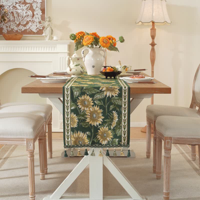 Chemin de table à motif jacquard tournesol et à pompons - image 4