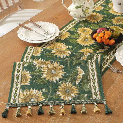 Chemin de table à motif jacquard tournesol et à pompons - 35 cm x 300 cm - image 0