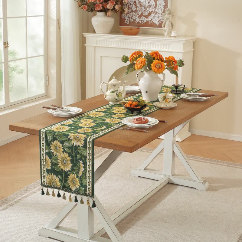 Chemin de table à motif jacquard tournesol et à pompons - image 3