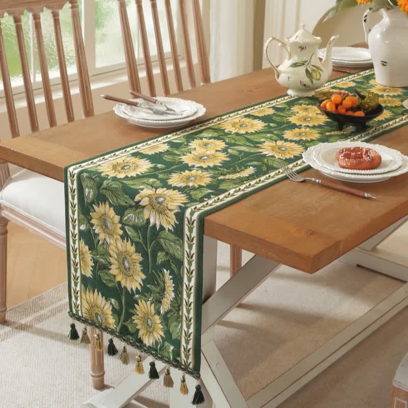 Chemin de table à motif jacquard tournesol et à pompons - image 1
