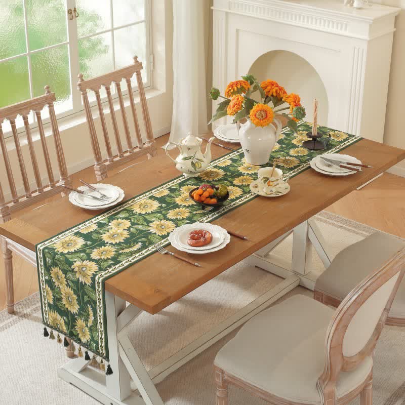 Chemin de table à motif jacquard tournesol et à pompons - image 2