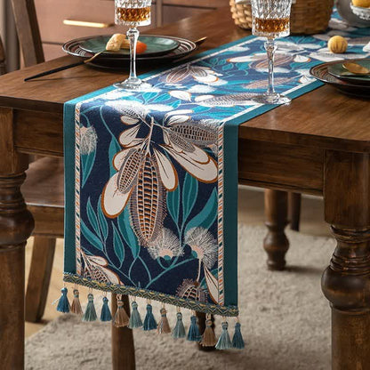 Chemin de table artistique à pompons en jacquard de maïs - Bleu - 35 cm x 300 cm - image 4