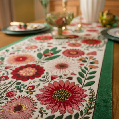 Chemin de table en jacquard rose à motif floral avec pompons - image 4