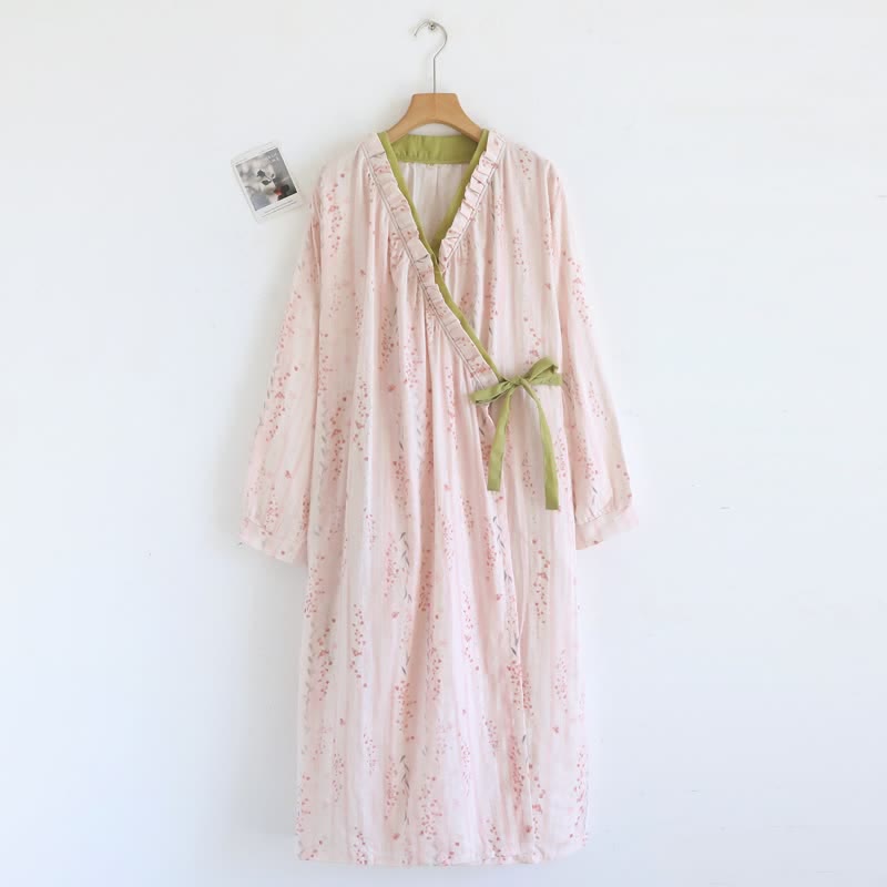 Chemise de nuit kimono en gaze de coton à petits motifs floraux - Rose - L - image 0