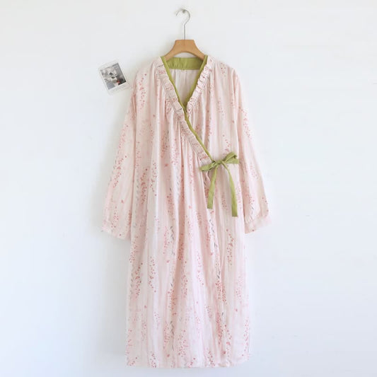 Chemise de nuit kimono en gaze de coton à petits motifs floraux - Rose - L - image 0