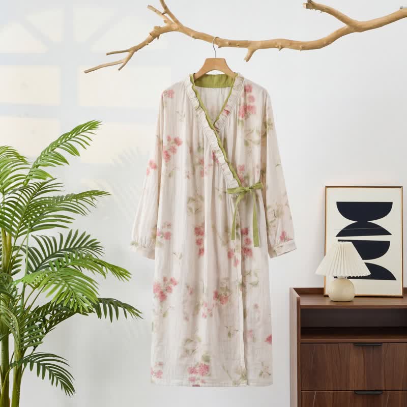 Chemise de nuit kimono en gaze de coton à motif floral aquarelle - image 1