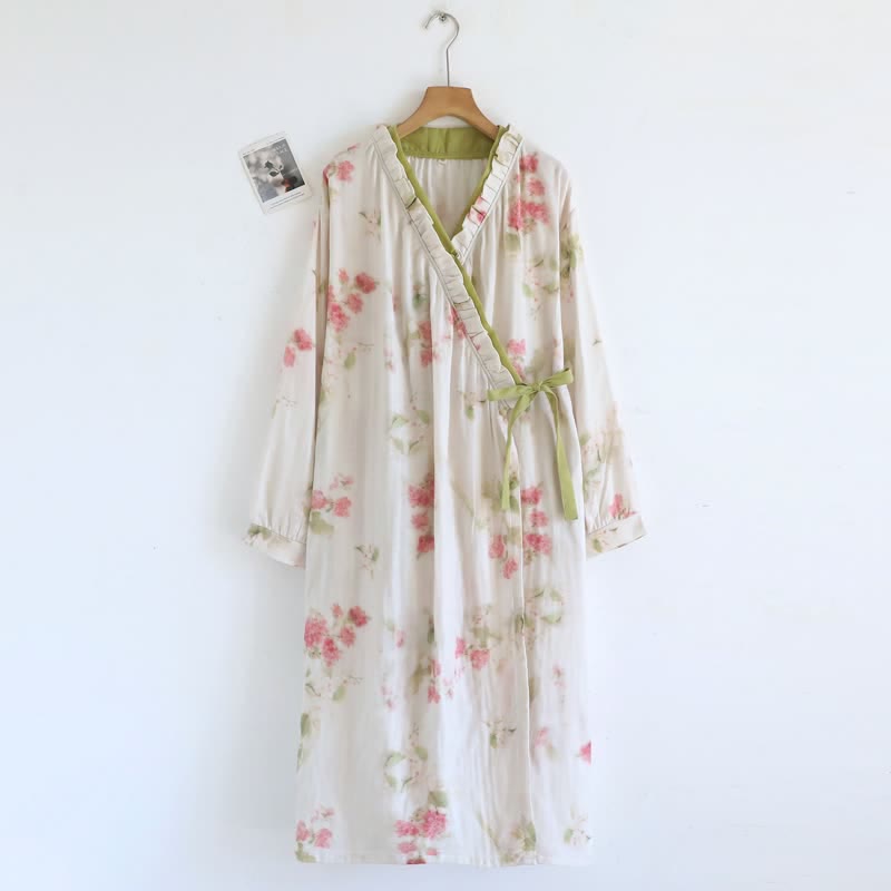 Chemise de nuit kimono en gaze de coton à motif floral aquarelle - Vert - L - image 0