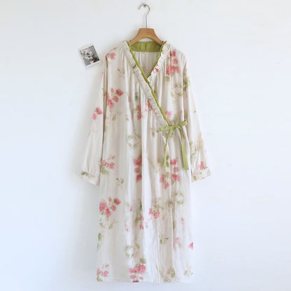 Chemise de nuit kimono en gaze de coton à motif floral aquarelle - Vert - L - image 0