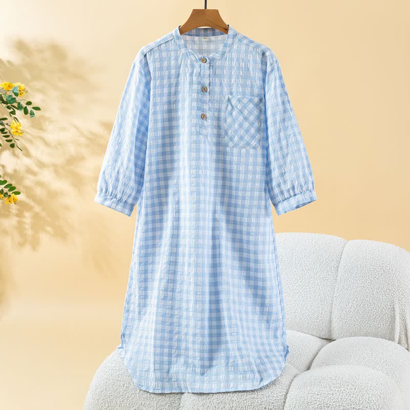 Chemise de nuit classique à carreaux en pur coton - Bleu - XL - image 5