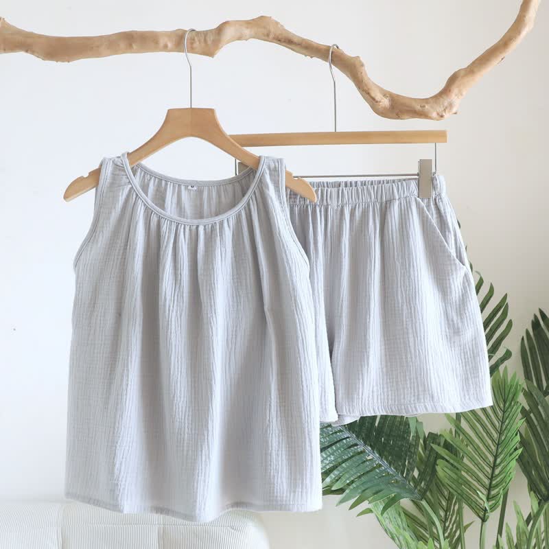 Ensemble composé d'un débardeur et d'un short en tissu de coton double épaisseur - Gris-bleu - XL - image 2