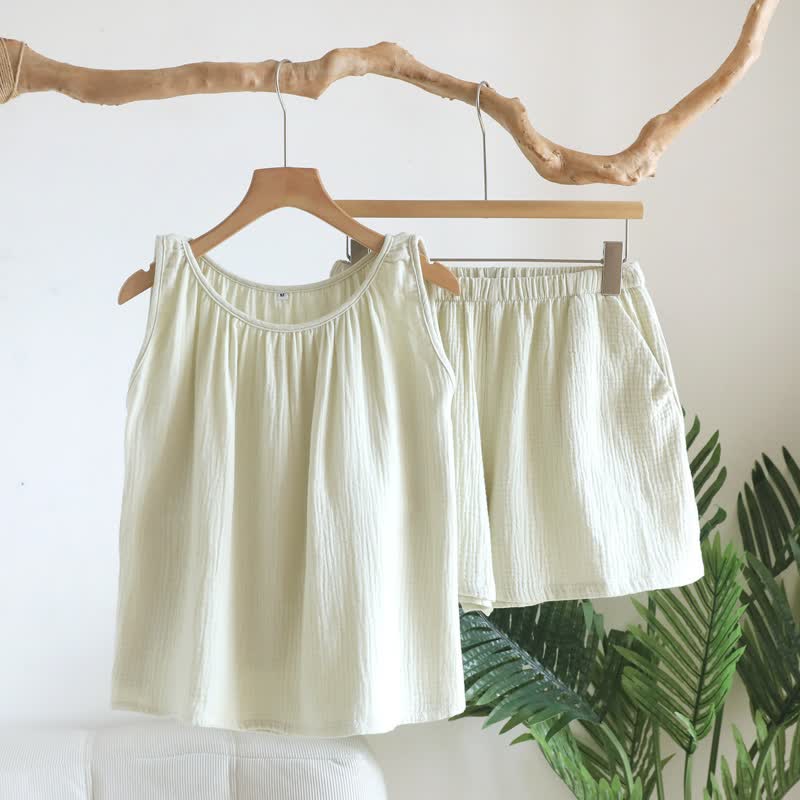 Ensemble composé d'un débardeur et d'un short en tissu de coton double épaisseur - Vert - XL - image 12