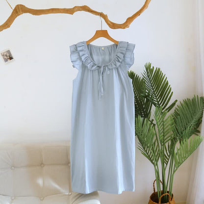 Chemise de nuit en gaze de coton à manches simples et flottantes - Bleu - XL - image 14