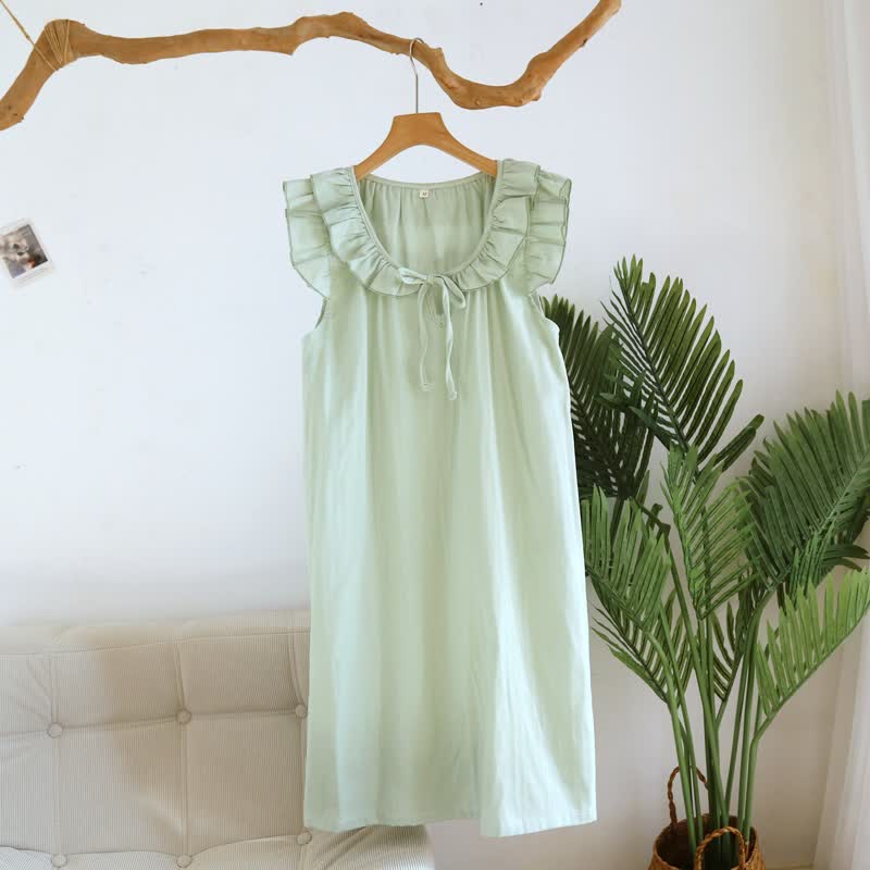 Chemise de nuit en gaze de coton à manches simples et flottantes - Vert clair - XL - image 13
