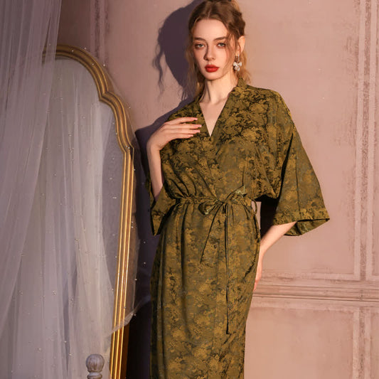 Peignoir jacquard d'inspiration artistique à manches 3/4 - Vert olive - Taille surdimensionnée - image 0