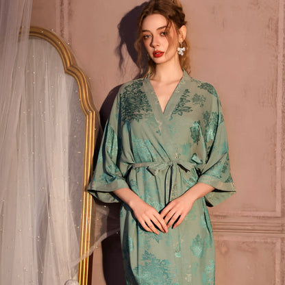 Peignoir kimono luxueux à motif floral et manches 3/4 - Vert - Taille surdimensionnée - image 0