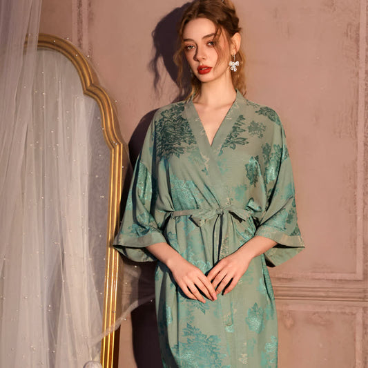 Peignoir kimono luxueux à motif floral et manches 3/4 - Vert - Taille surdimensionnée - image 0