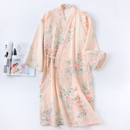 Peignoir de style kimono en gaze de coton rose à motif floral - Orange - L - image 9