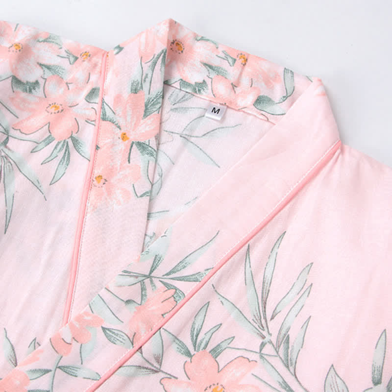 Peignoir de style kimono en gaze de coton rose à motif floral - image 3