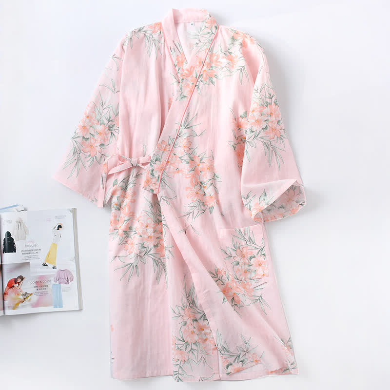 Peignoir de style kimono en gaze de coton rose à motif floral - Rose - L - image 2