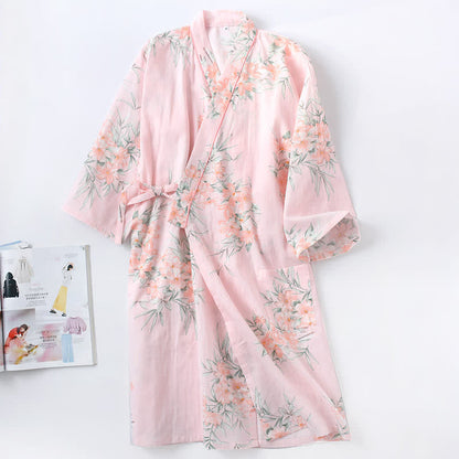 Peignoir de style kimono en gaze de coton rose à motif floral - Rose - L - image 2