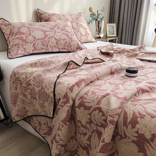 Couverture matelassée en gaze de coton à motifs floraux et de feuilles - Rose - 2 taies d'oreiller - 48 cm x 74 cm - image 0