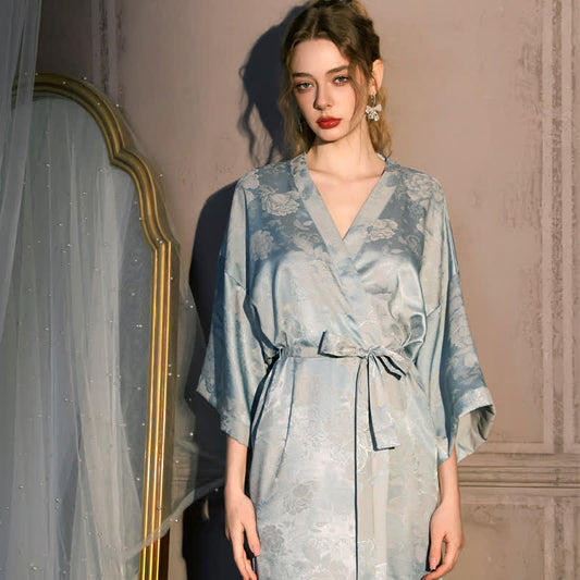 Peignoir style kimono à motif pivoine et manches 3/4 - bleu clair - Taille surdimensionnée - image 0