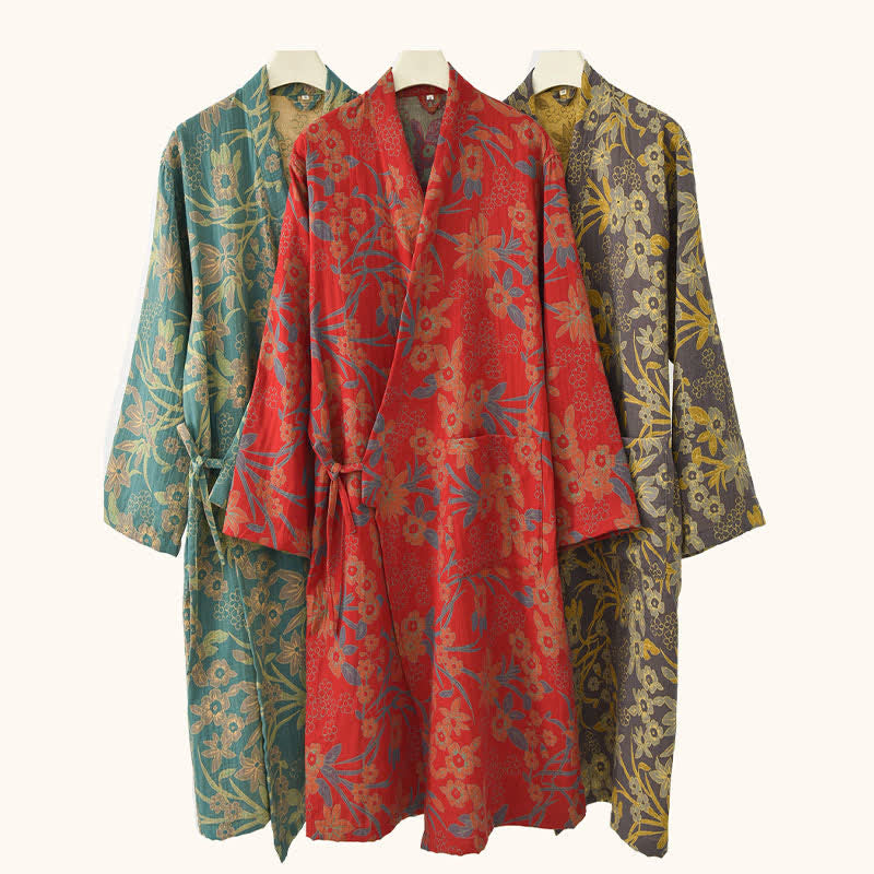 Manteau en coton style kimono à motif floral champêtre et imprimé jacquard - image 1