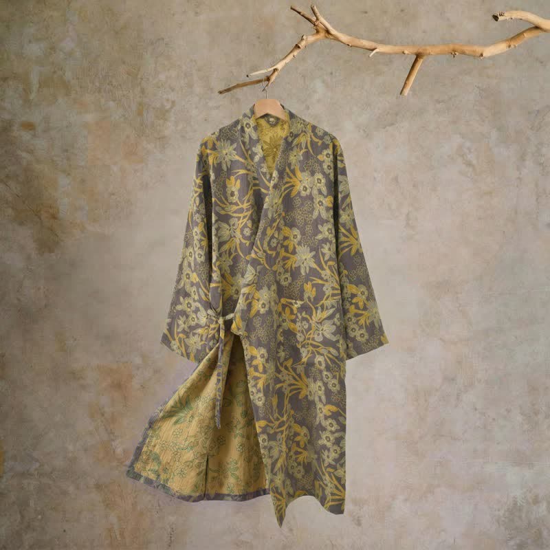 Manteau en coton style kimono à motif floral champêtre et imprimé jacquard - Brun - XXL - image 19