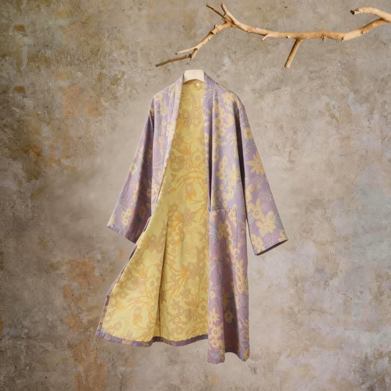 Manteau en coton style kimono à motif floral champêtre et imprimé jacquard - Violet - XXL - image 12