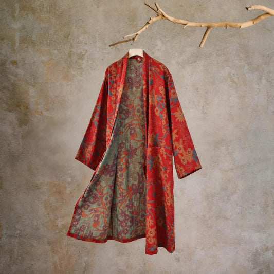 Manteau en coton style kimono à motif floral champêtre et imprimé jacquard - Rouge - XXL - image 0
