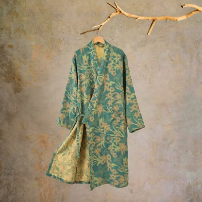 Manteau en coton style kimono à motif floral champêtre et imprimé jacquard - Vert - XXL - image 6