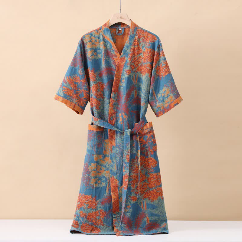 Peignoir en double gaze de coton au design artistique - Bleu et orange - XL - image 0