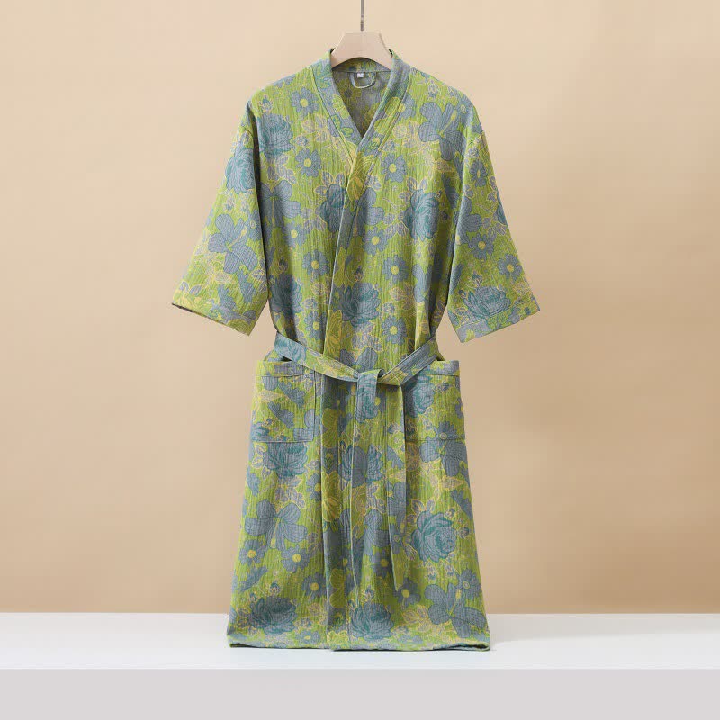Peignoir en coton vert à motifs floraux, confectionné en tissu de coton double épaisseur. - Vert - XL - image 0