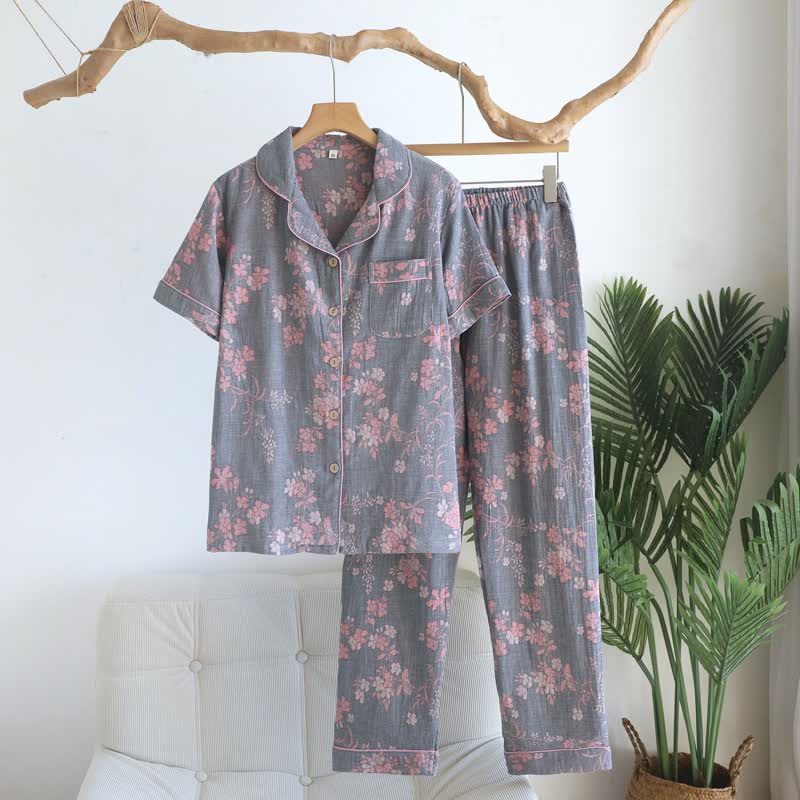 Ensemble pyjama en pur coton à motif de branches et de fleurs - Gris - XL - image 15