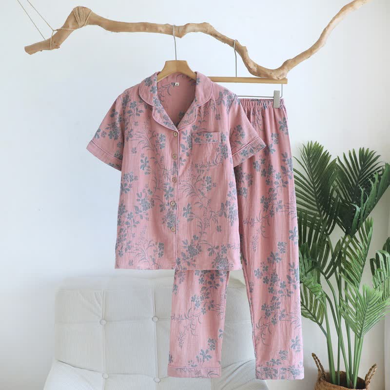 Ensemble pyjama en pur coton à motif de branches et de fleurs - Rose - XL - image 3