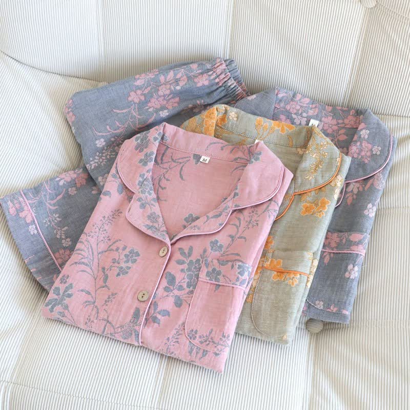 Ensemble pyjama en pur coton à motif de branches et de fleurs - image 1