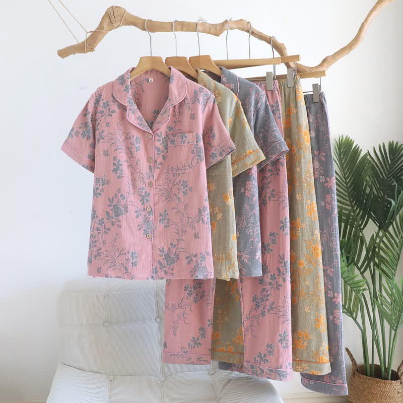 Ensemble pyjama en pur coton à motif de branches et de fleurs - image 0
