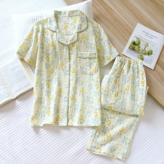 Ensemble pyjama tulipe et feuille en gaze de coton - Vert et jaune - XL - image 0