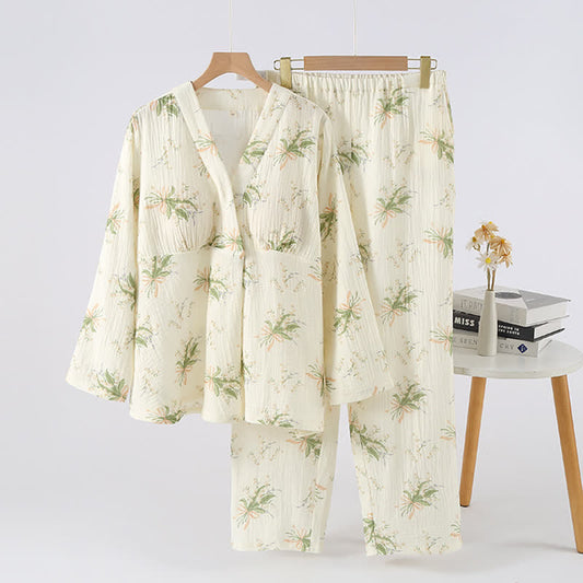 Ensemble pyjama en gaze de coton avec un bouquet de fleurs - Vert et beige - XL - image 0